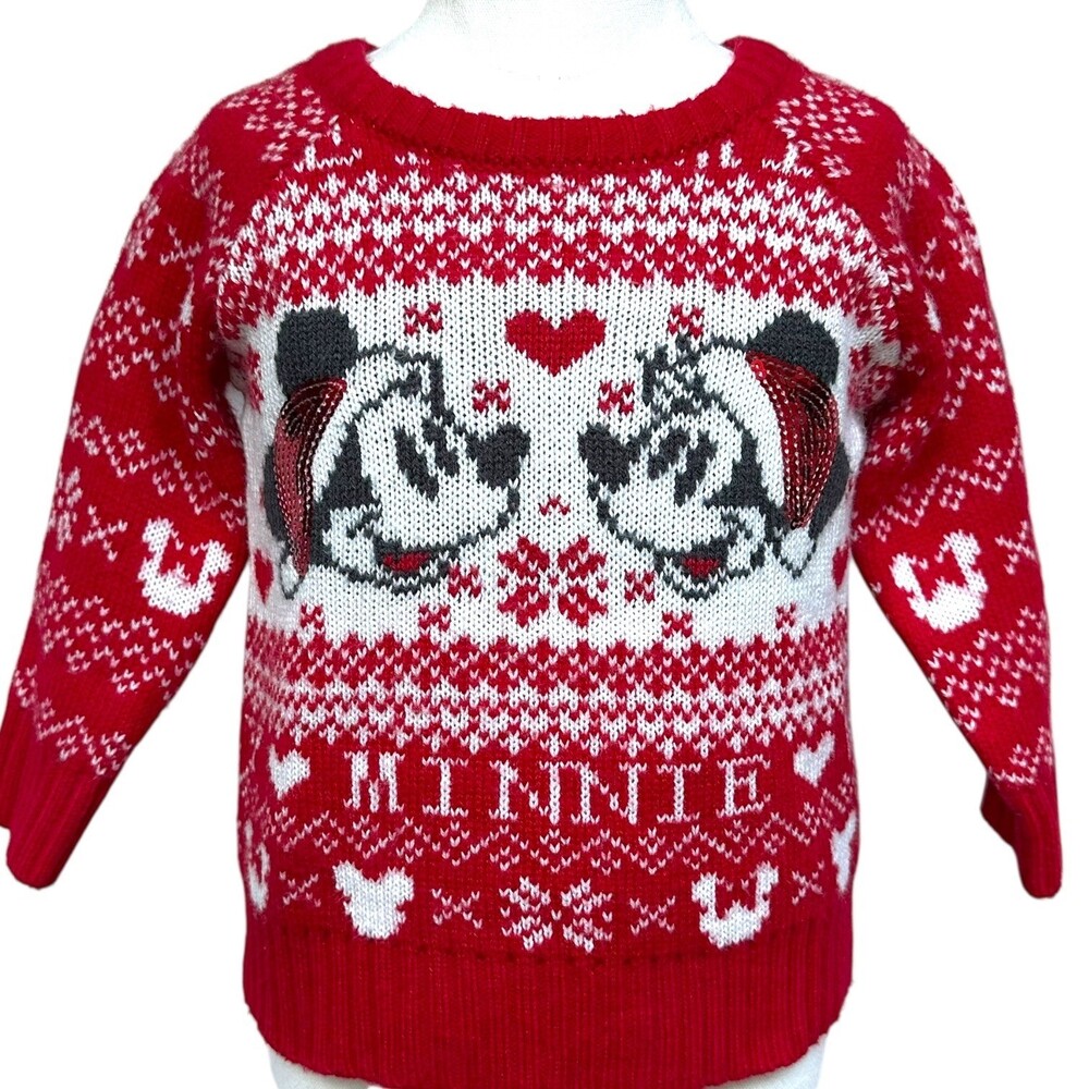 Disney Minnie Mouse Sweater Kids 18M Red White Festive Holiday Sequin Knit Top